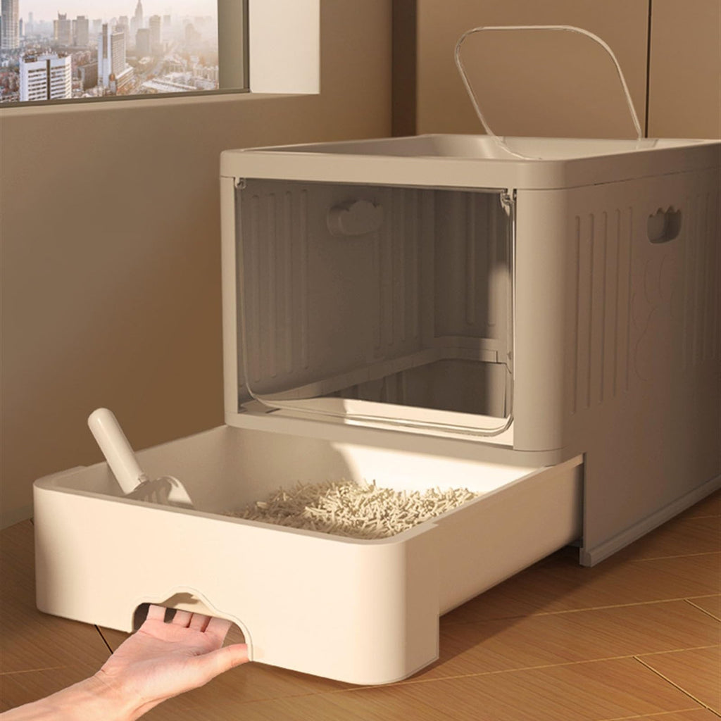 Cat Litter Box with Scoop, Large Top Entry Anti-Splashing with Lid, Enclosed Plastic, Drawer Type X933