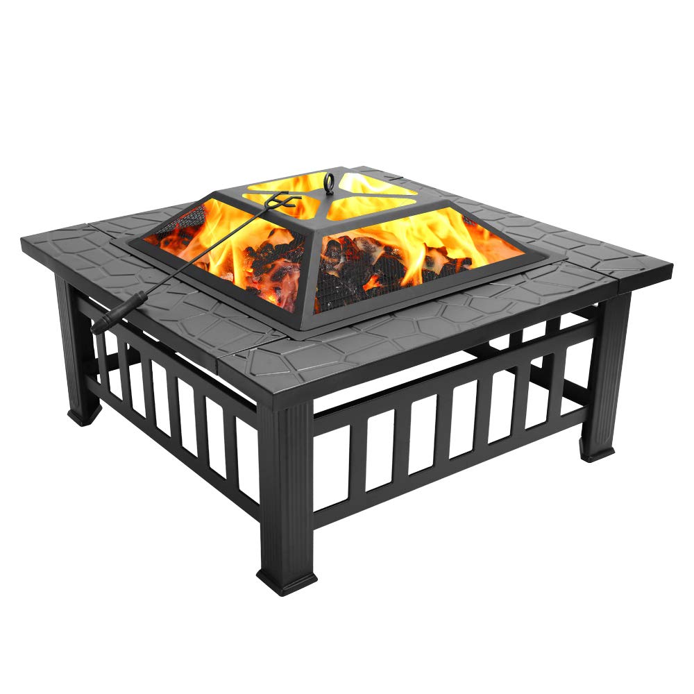 32" Square Metal Wood Burning Fire Pit with Poker and Mesh Lid D588