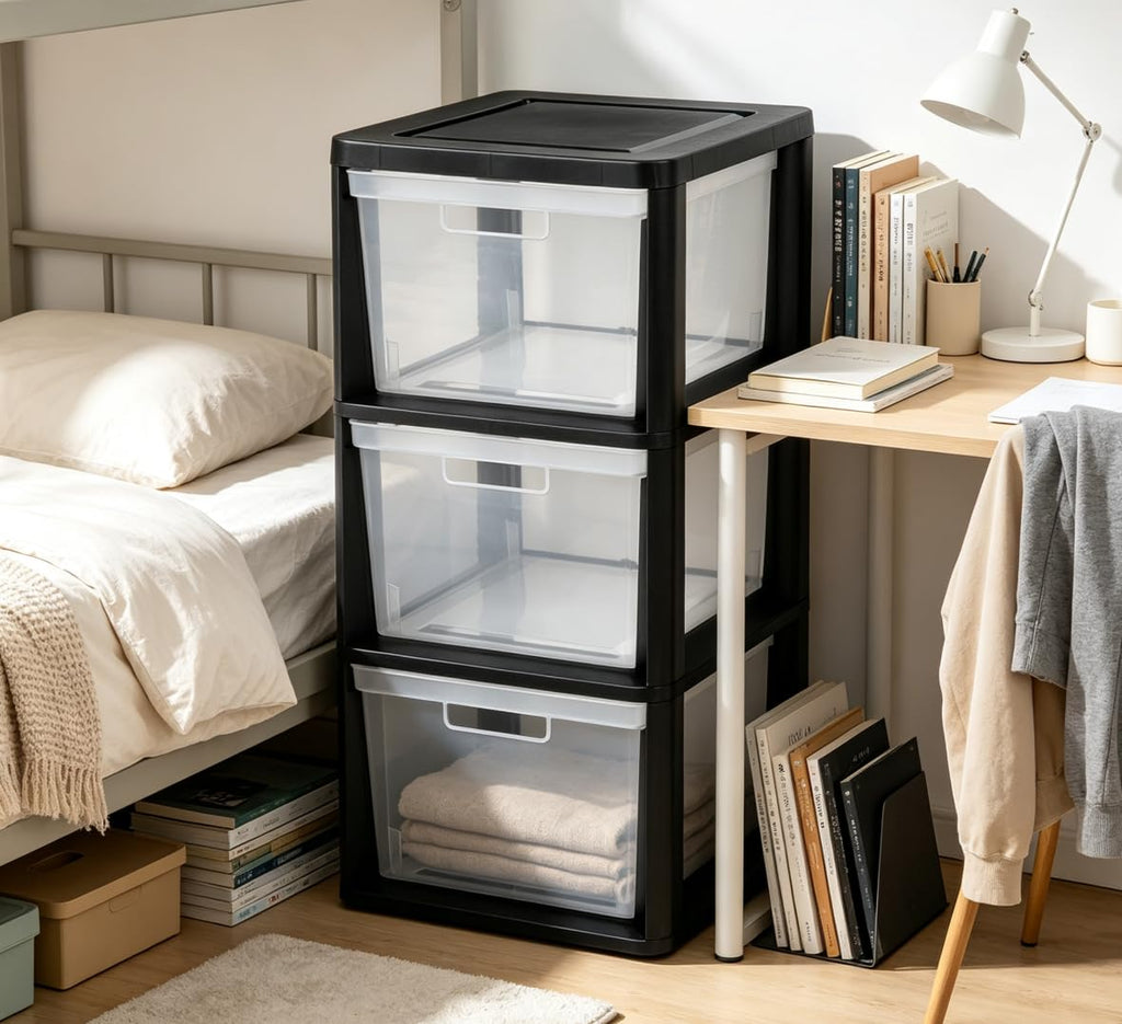 Black 3 Drawer Plastic Storage Tower with Clear Bins X470