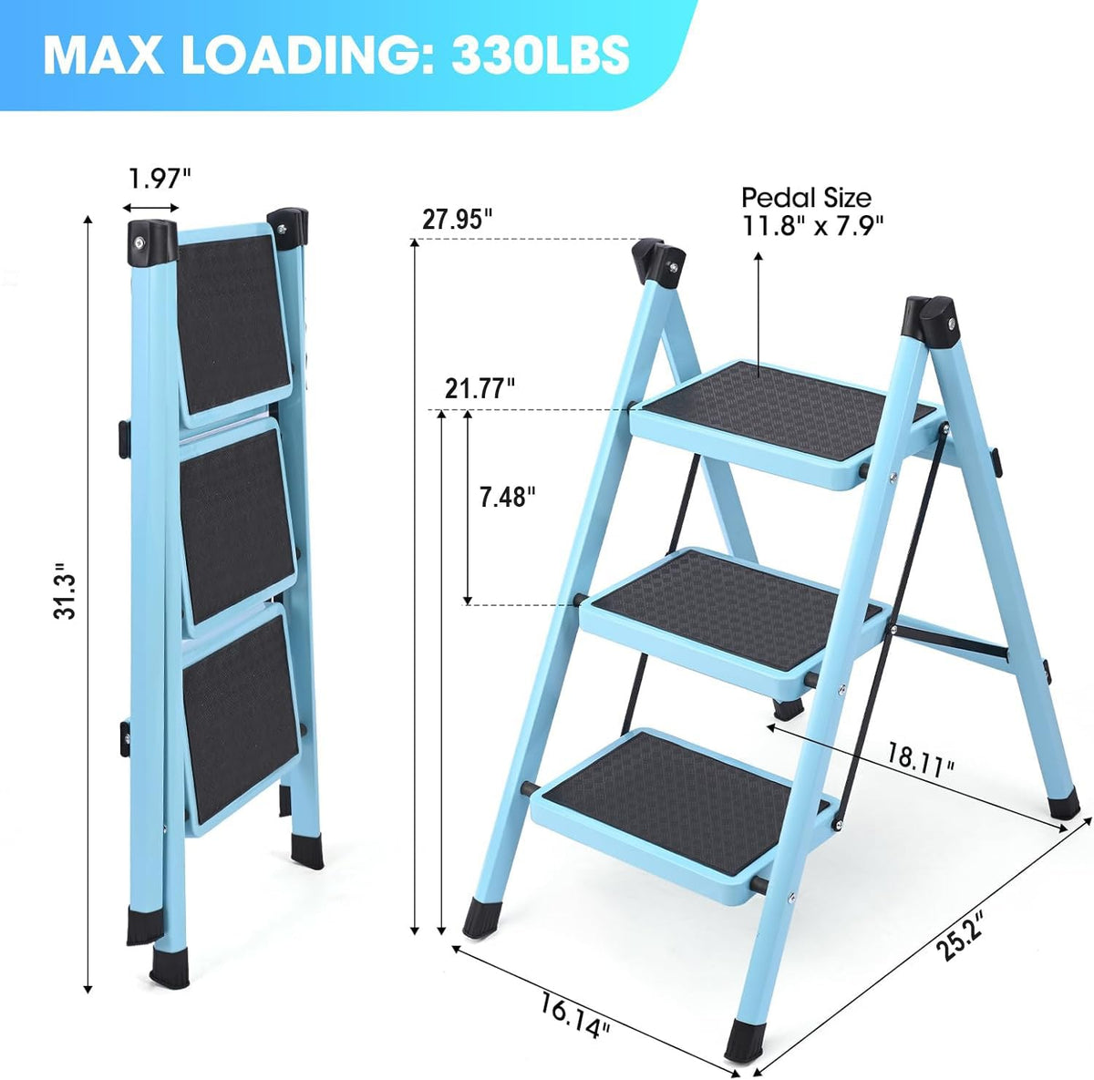 Folding Aluminum 3 Step Ladder 330 LBS Capacity Blue S242934