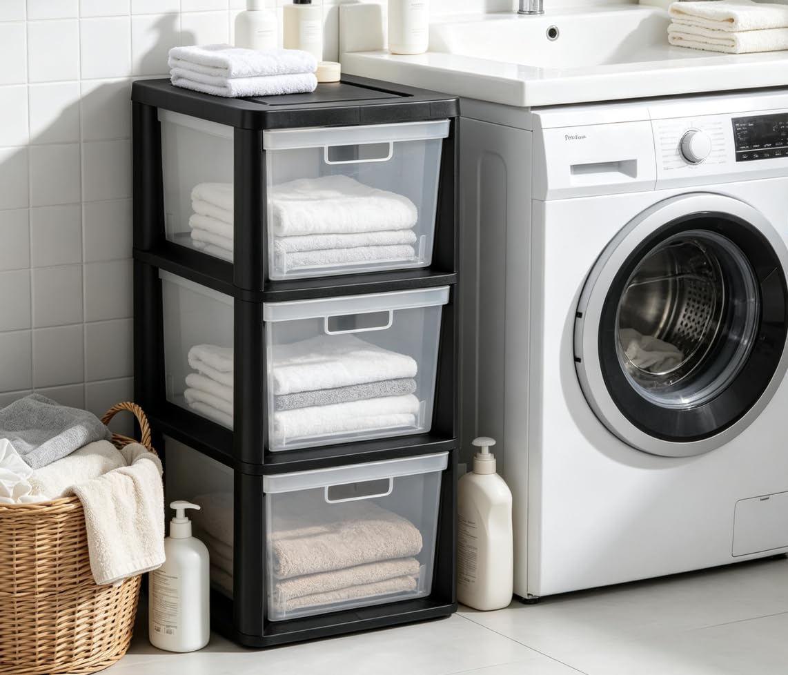 Black 3 Drawer Plastic Storage Tower with Clear Bins X470