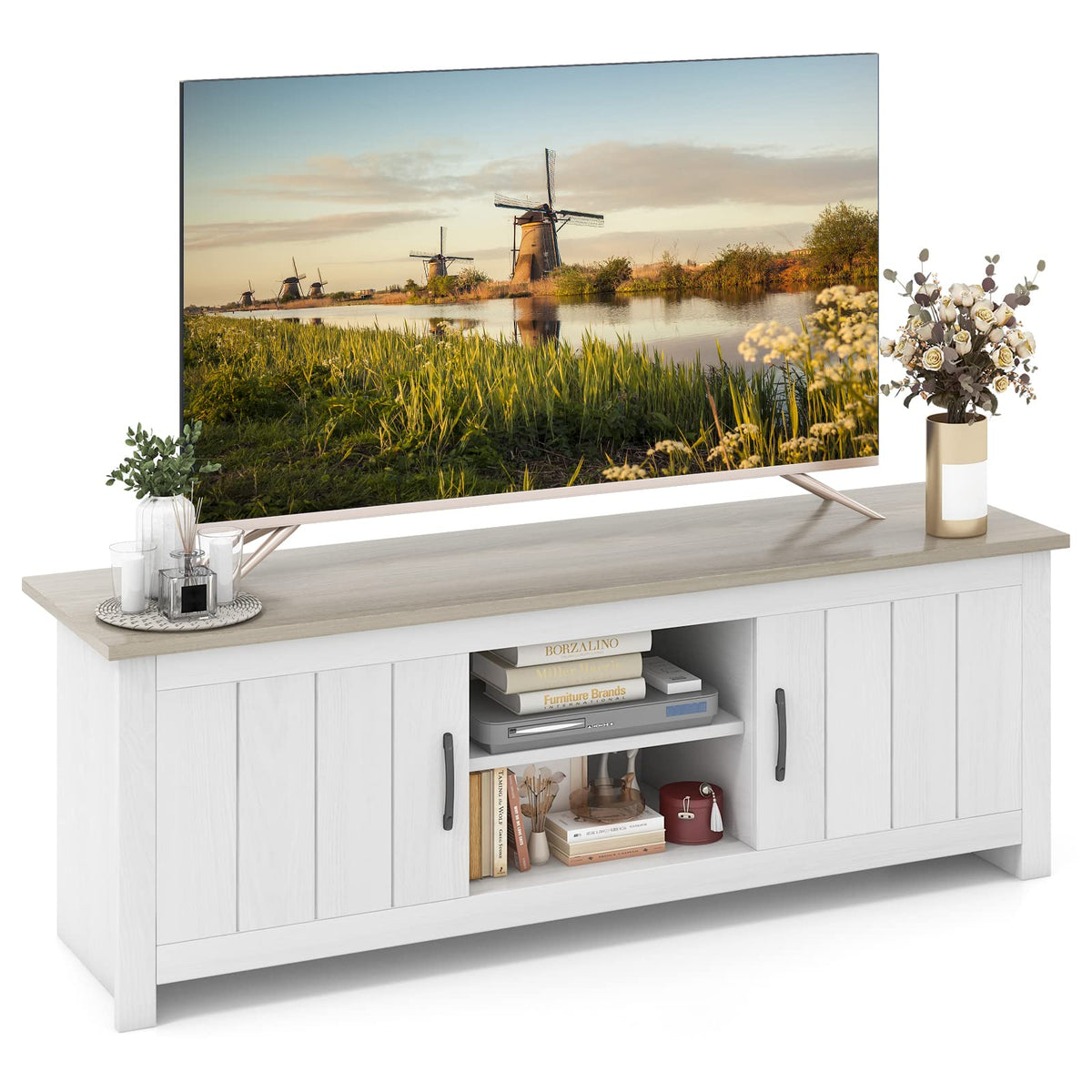 2 Doors TV Stand with 2 Cabinets & Open Shelves O24913