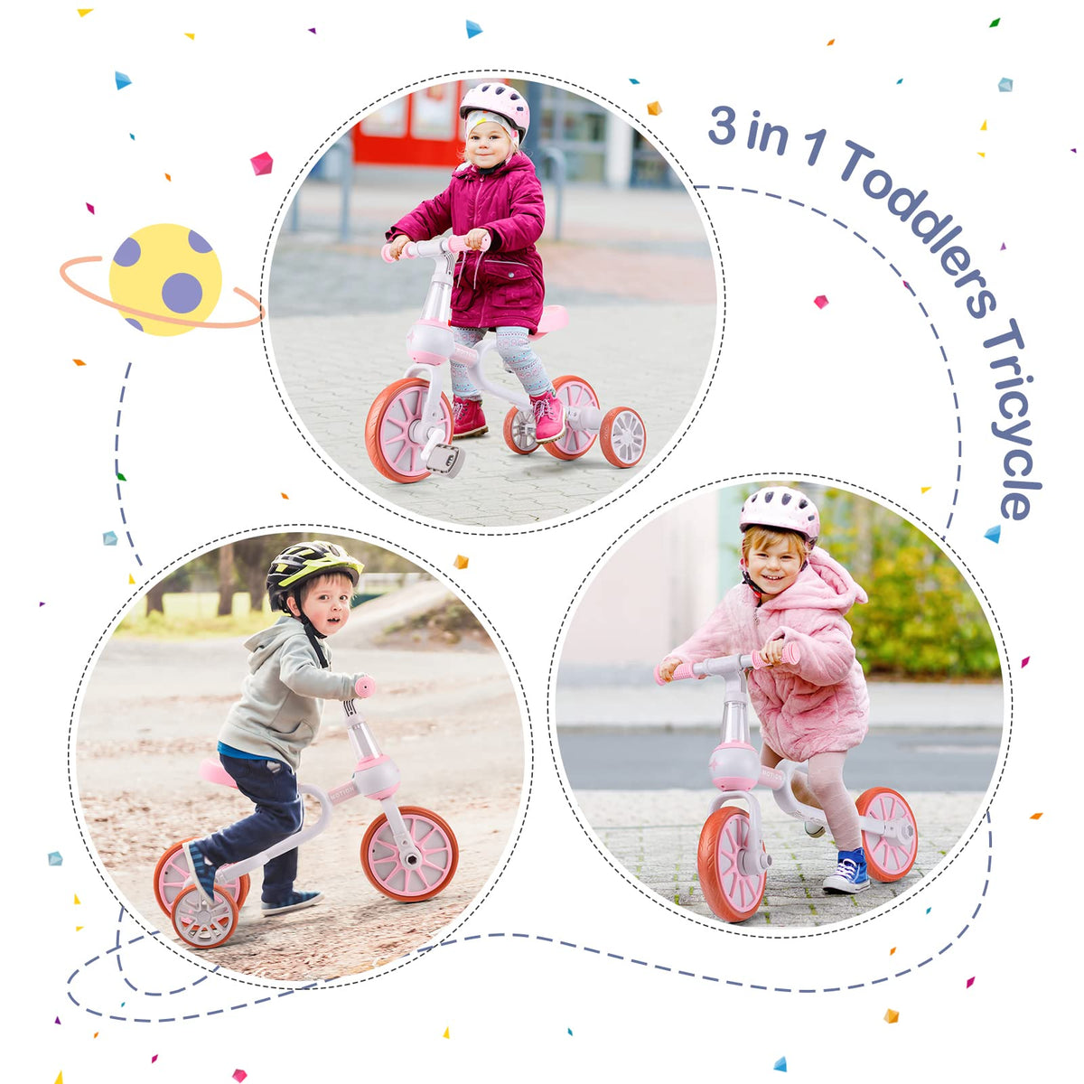 3 in 1 Toddler Bike with Adjustable Seat, Detachable Pedal and Training Wheels, Pink K1224