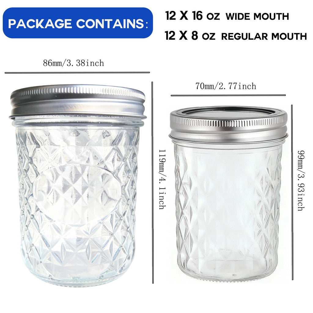 8oz & 16oz 24 Pack Canning Glass Jars with Airtight Lids R7139
