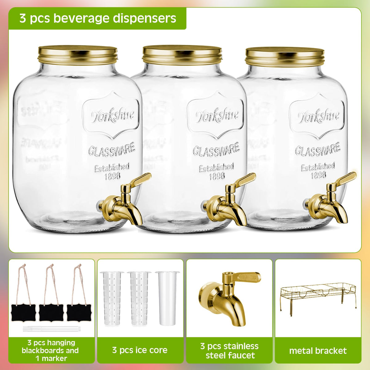3 Pcs 2.5 Gallon Glass Beverage Dispensers with Stand M8748