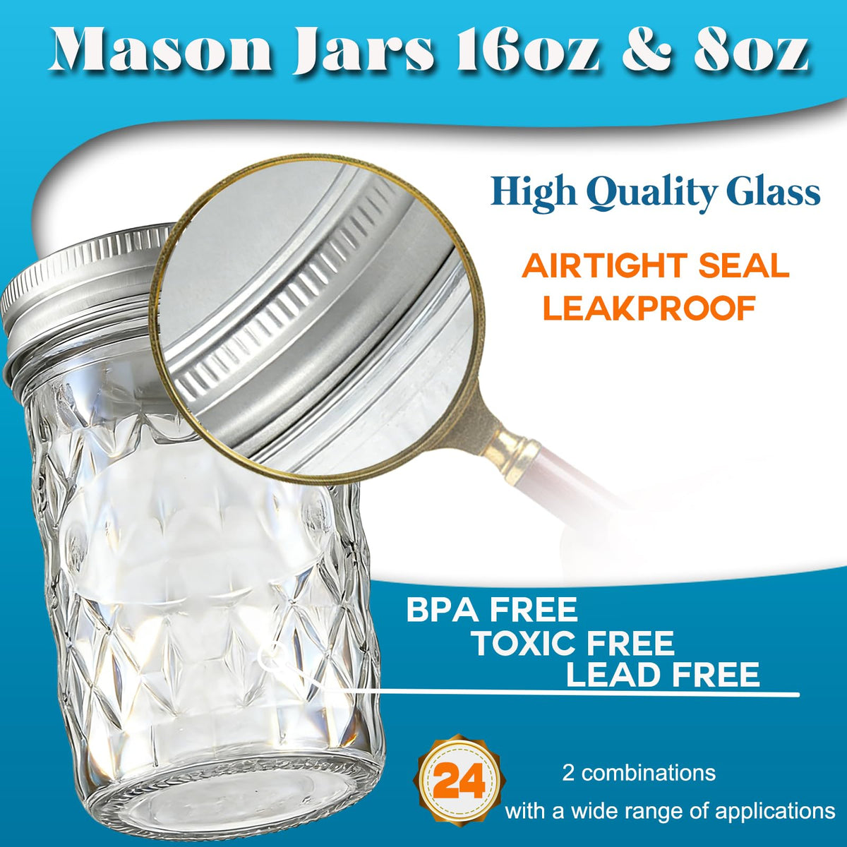 8oz & 16oz 24 Pack Canning Glass Jars with Airtight Lids R7139