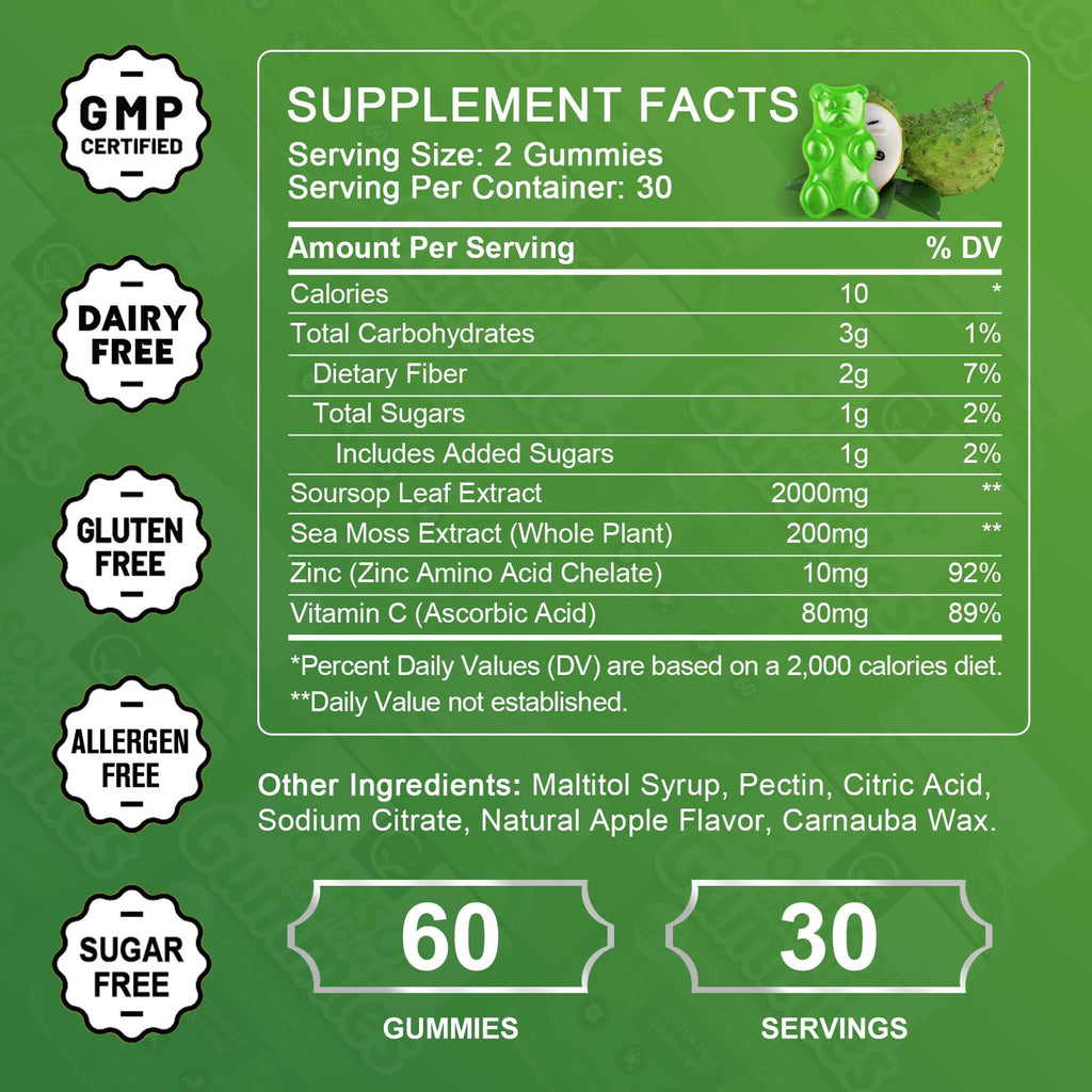 Organic Soursop Graviola Gummies 2200mg with Sea Moss Zinc Vitamin C 60 Gummies I900
