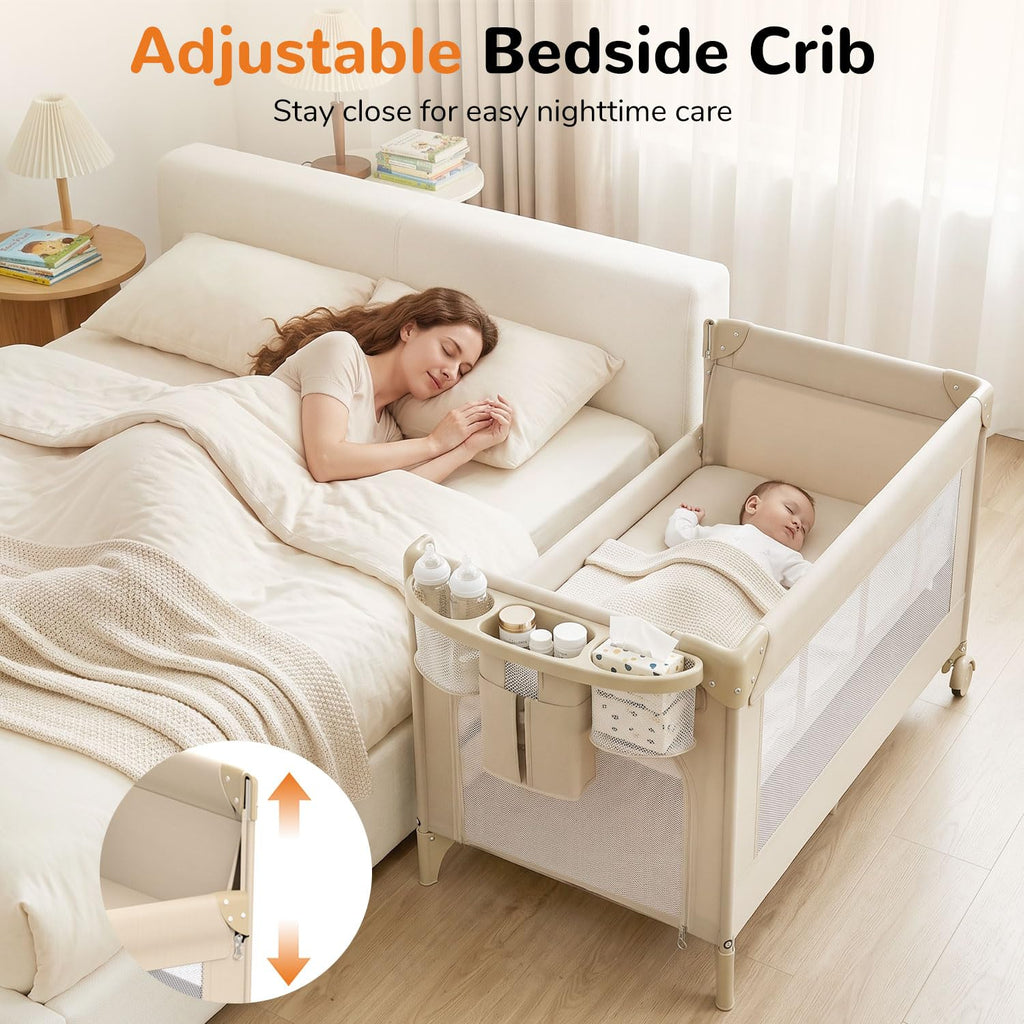 4 in 1 Foldable Pack and Play with Bassinet and Changing Table, Beige V8363