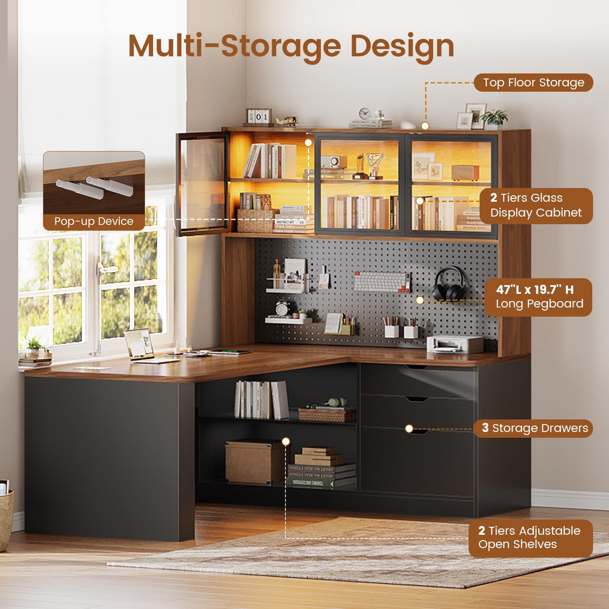 L Shaped Computer Desk with Drawer and Bookshelf L156