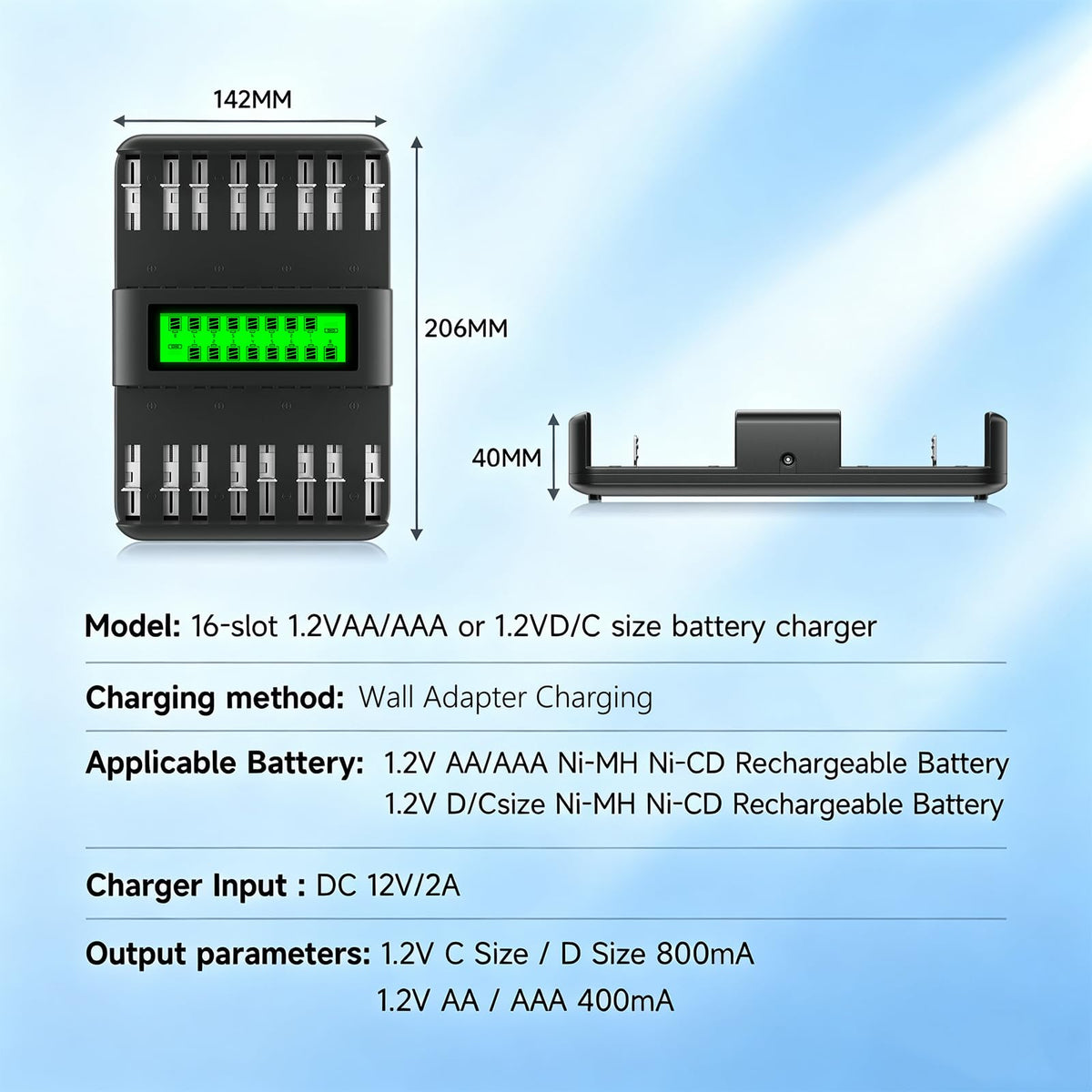 16 Pack AAA 1100mAh NiMH Batteries with 16 Bay LCD Battery Charger M4883