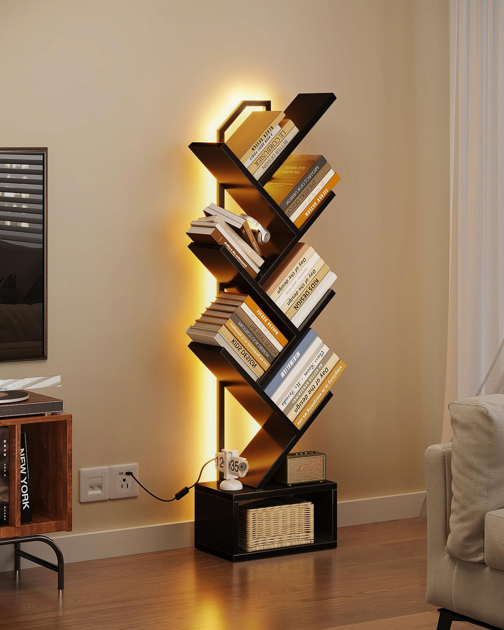 Black 6-Tier Tree Bookshelf with LED Lights L8989