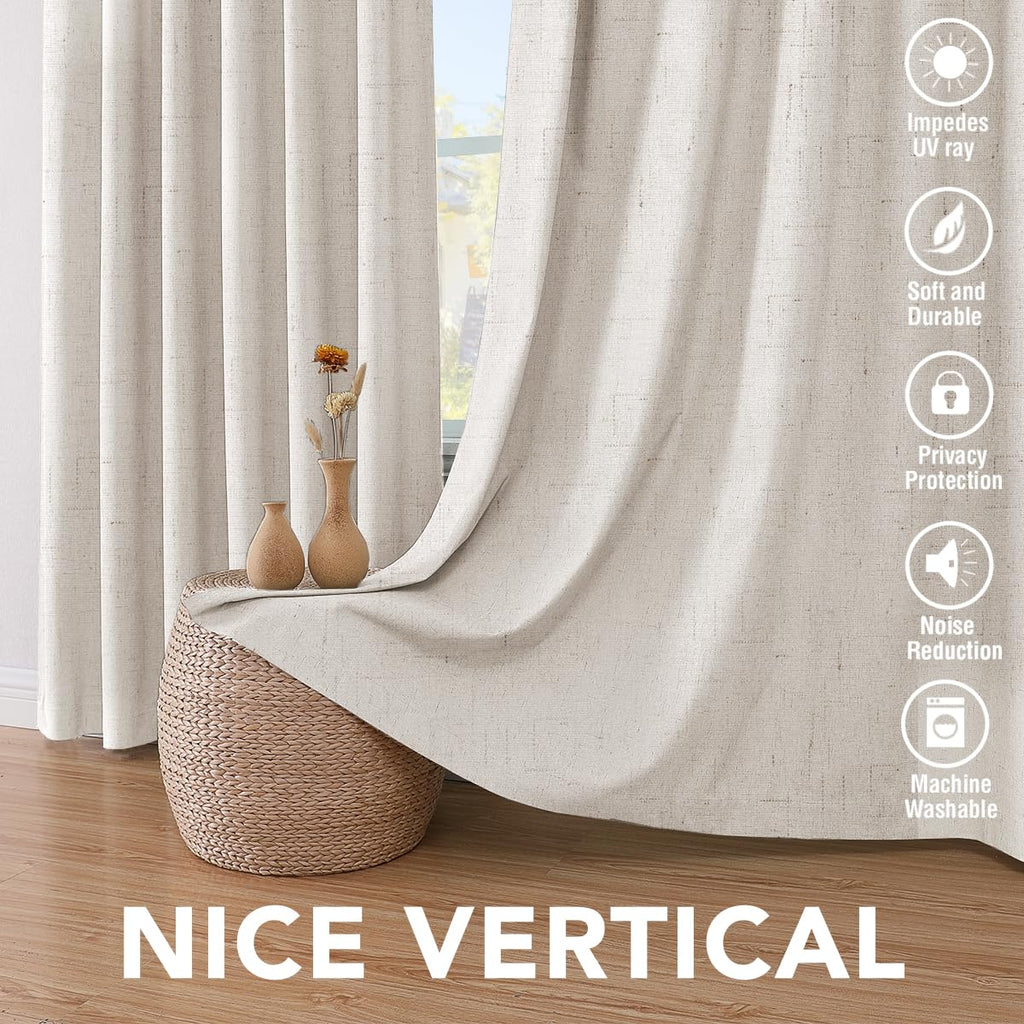 100% Blackout Linen Curtains 84" L 2 Panels Ivory W376969