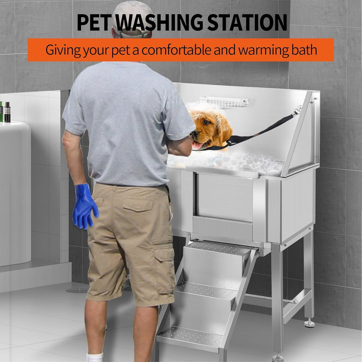 38" Stainless Steel Dog Grooming Tub with Stairs R50690