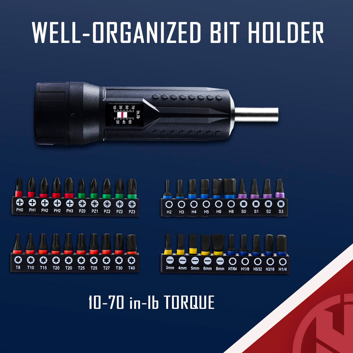 Torque Screwdriver Wrench Set 10-70 Inch Pounds with T-bar Handle, 40 Hex Bits, 1/4" Socket, Black E265