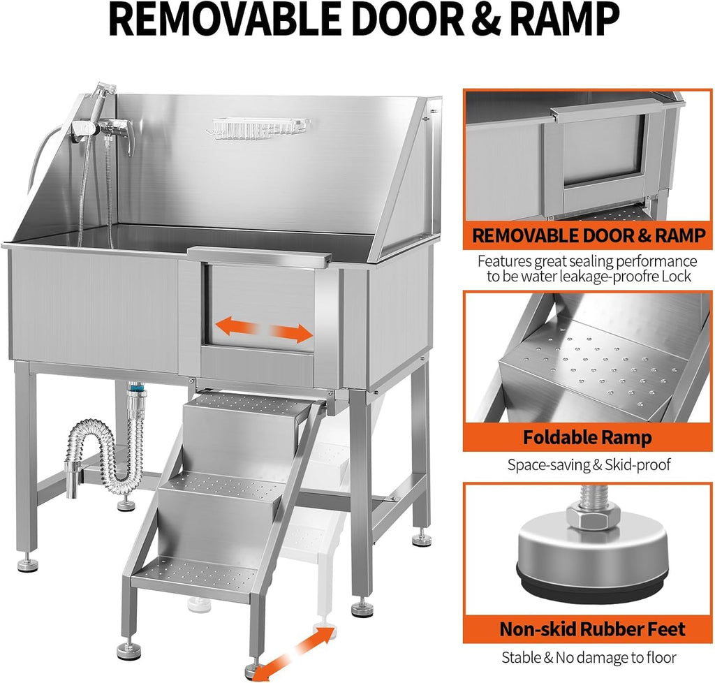 38" Stainless Steel Dog Grooming Tub with Stairs R50690