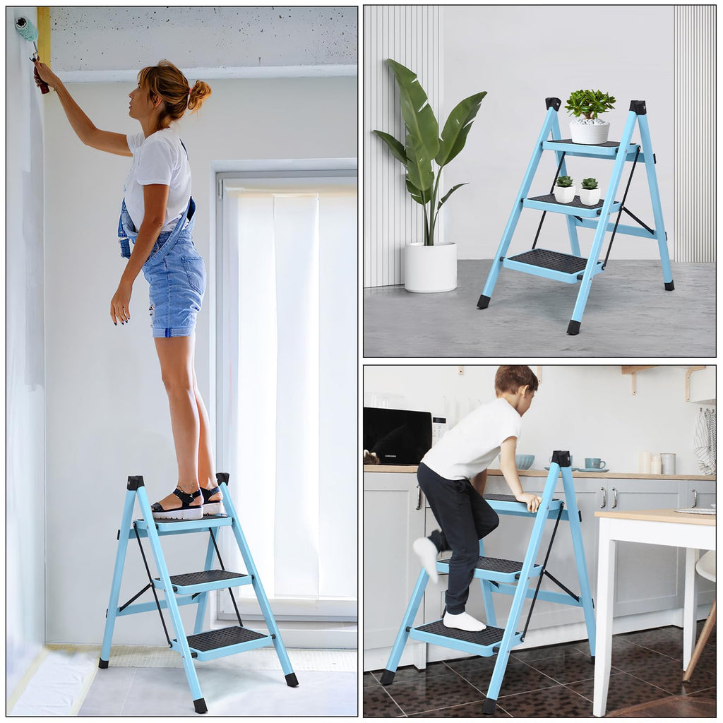 Folding Aluminum 3 Step Ladder 330 LBS Capacity Blue S242934