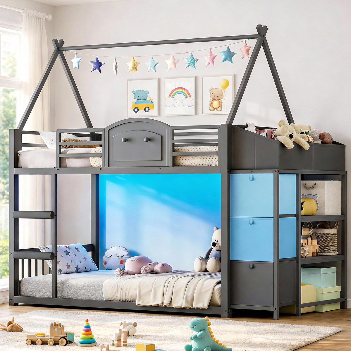 Twin Over Twin Bunk Bed with 3 Storage Drawers and Stairs E541
