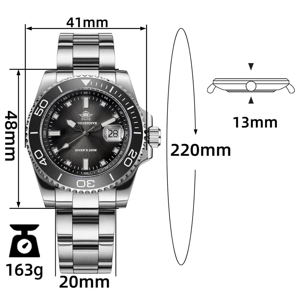 41 MM Mens Dive Watch Quartz Movement 200 M Waterproof Luminous Analog Gradient Dial W589