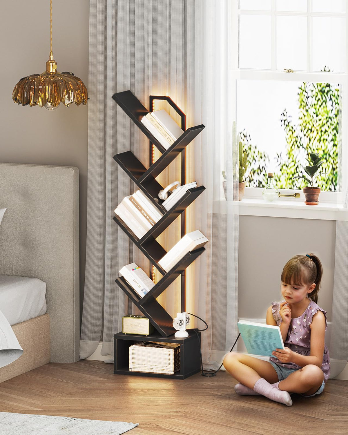 Black 6-Tier Tree Bookshelf with LED Lights L8989