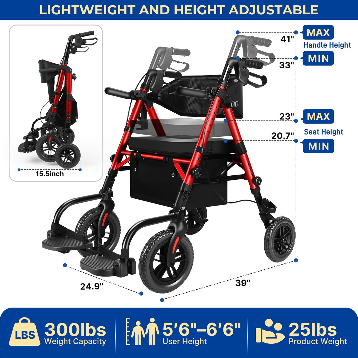 Foldable Rollator Walker with Seat, 2 in 1 Wheelchair Combo, Red F613582
