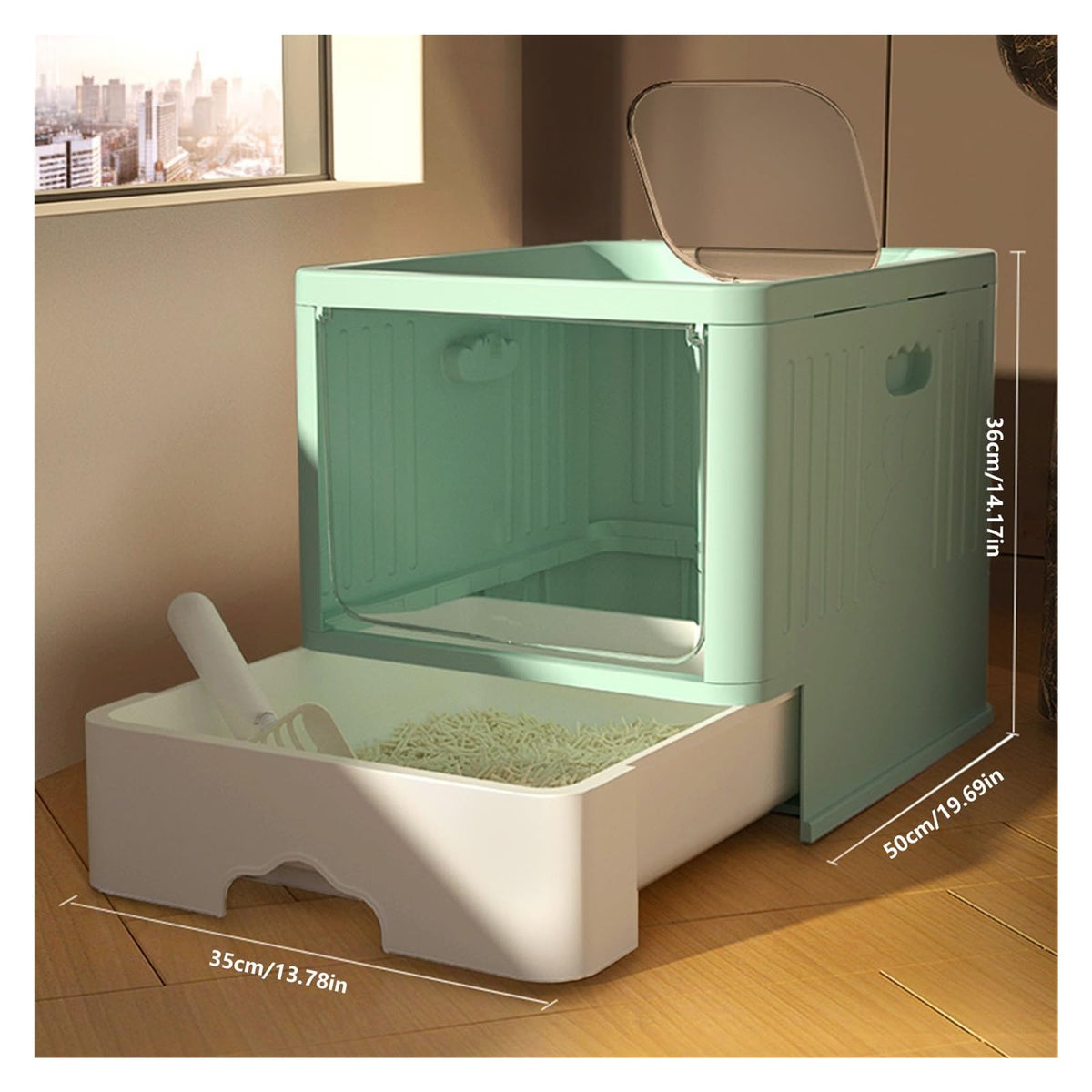 Cat Litter Box with Scoop, Large Top Entry Anti-Splashing with Lid, Enclosed Plastic, Drawer Type X933