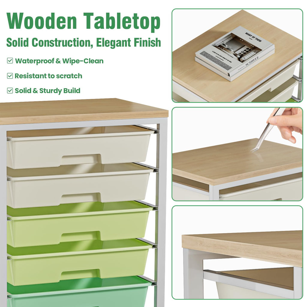 Rolling Storage Cart with 8 Drawers & Wooden Tabletop, Green, White Y36158