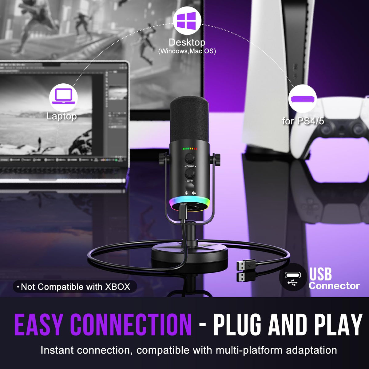 USB-C/XLR Dynamic Microphone with RGB Light, Mute Button, Desktop Stand, Headphones Jack D9005