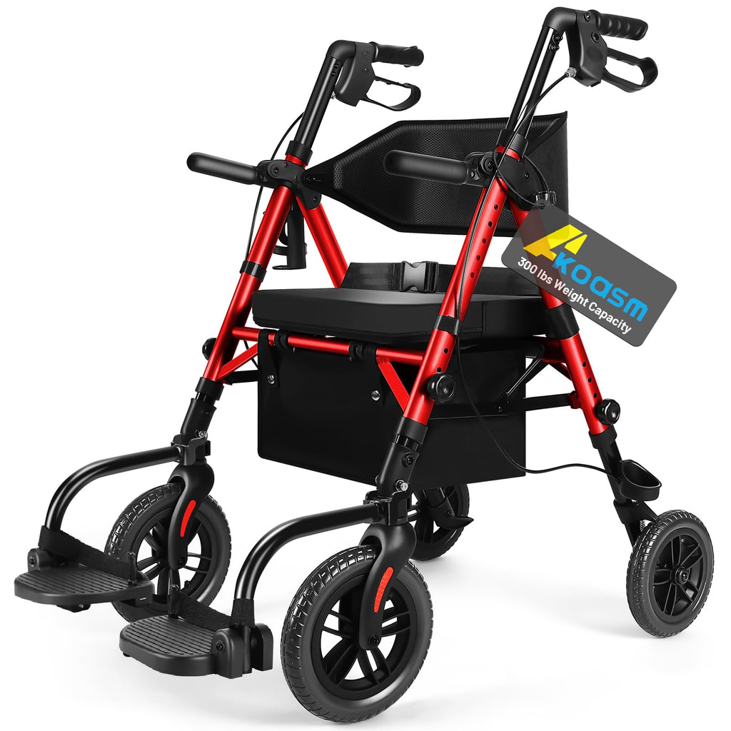 Foldable Rollator Walker with Seat, 2 in 1 Wheelchair Combo, Red F613582