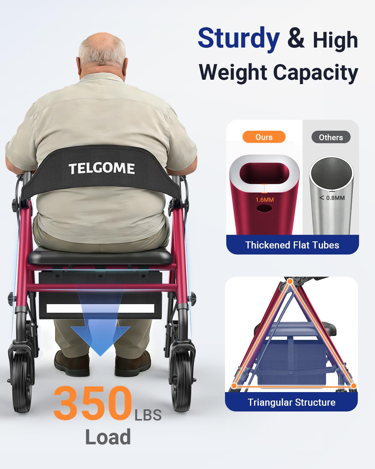 Red 350 lb Capacity Foldable Rollator Walker with Seat Z517