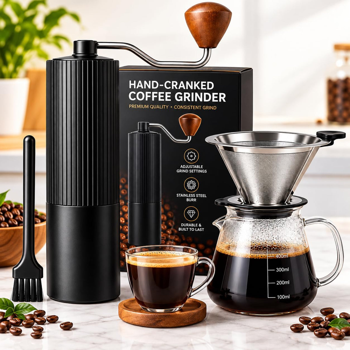 Manual Coffee Grinder with Strainer & Brush, Adjustable Stainless Steel Burr, 30g Hand Crank Coffee Mill, Aluminum Body & Walnut Handle L59520