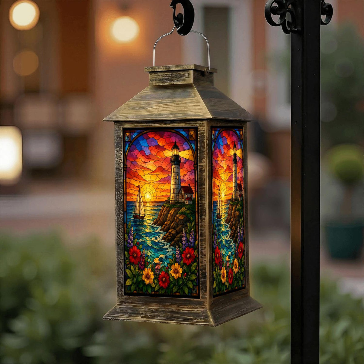 Solar Lantern Outdoor Waterproof Stained Glass Effect LED Hanging Tabletop Lamp I943