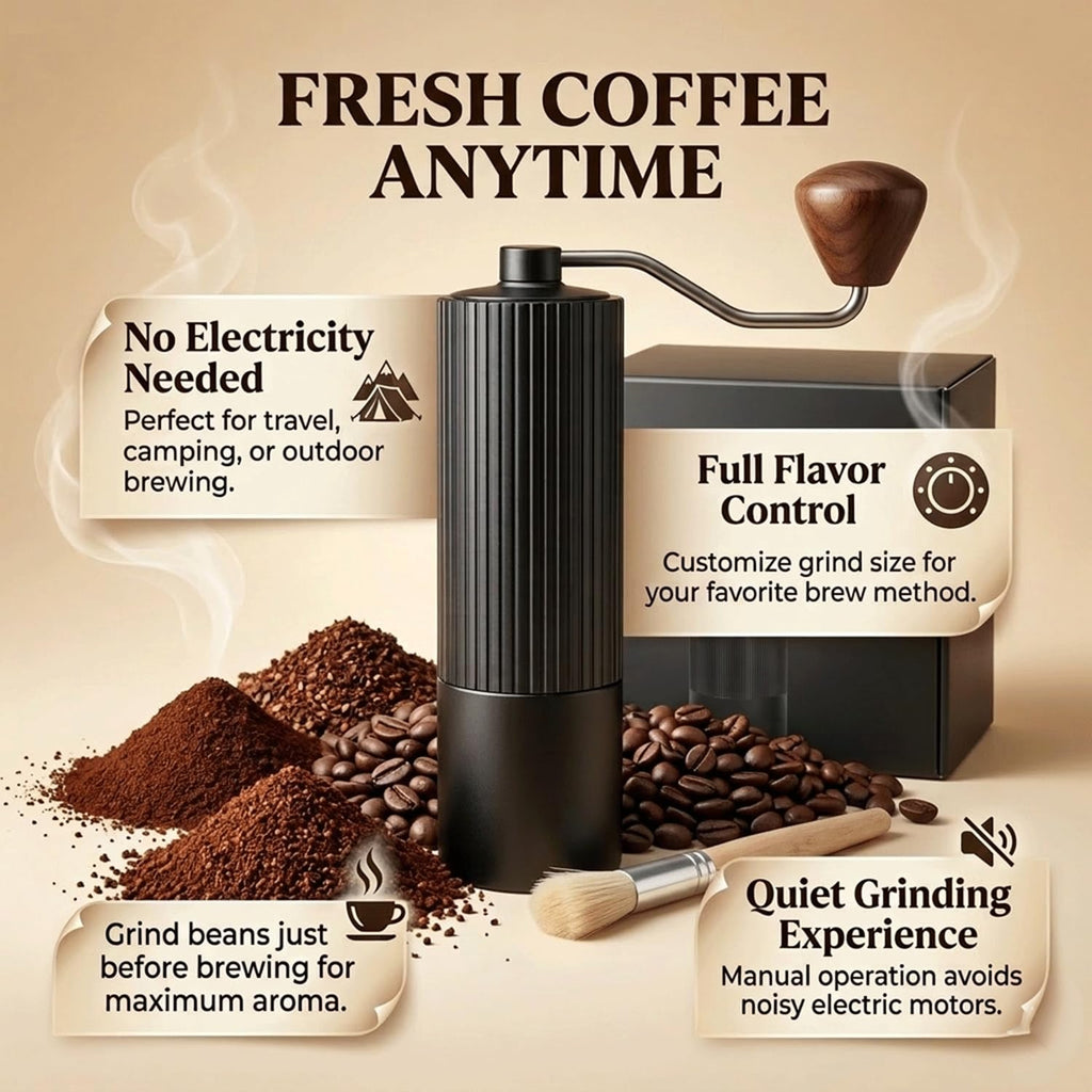 Manual Coffee Grinder with Strainer & Brush, Adjustable Stainless Steel Burr, 30g Hand Crank Coffee Mill, Aluminum Body & Walnut Handle L59520