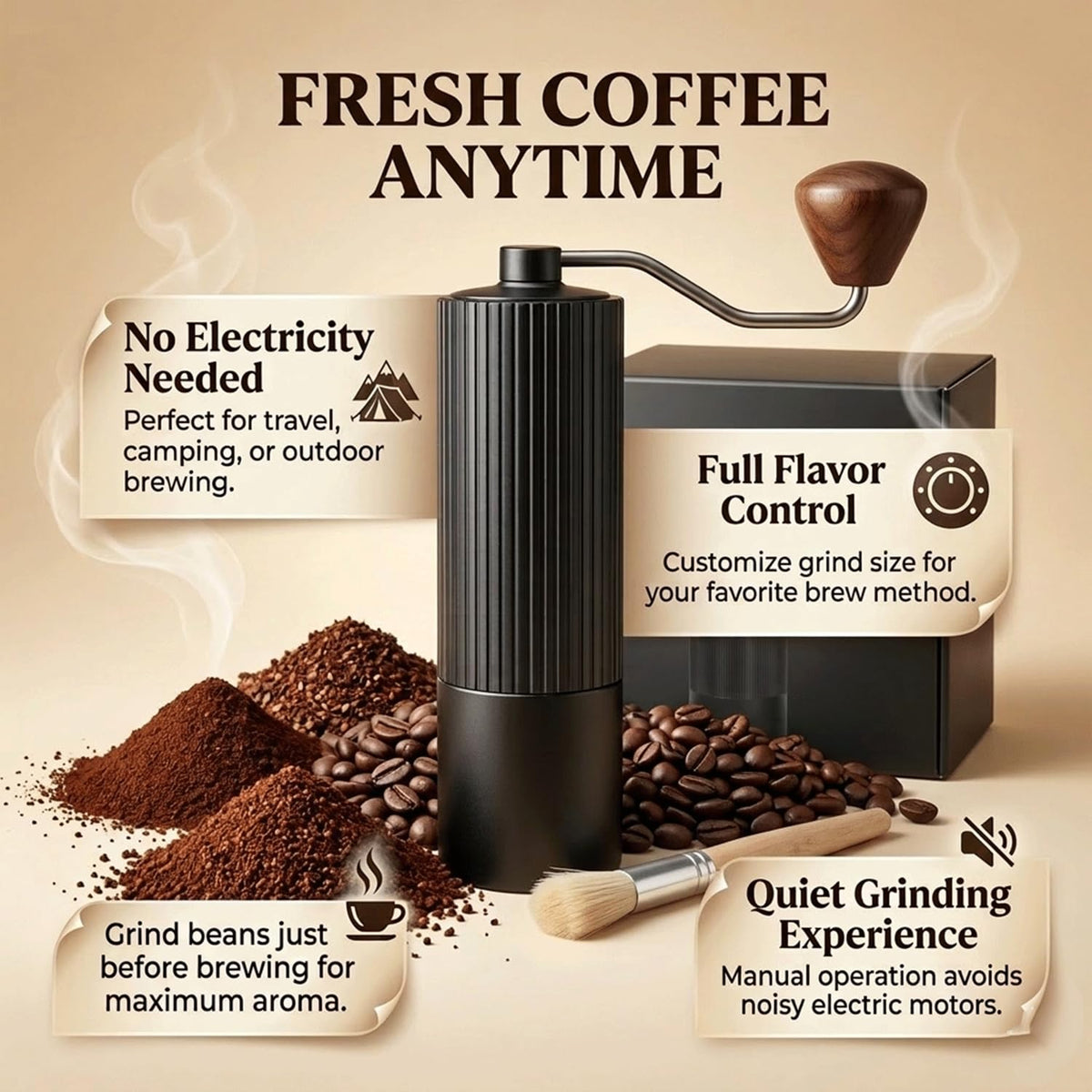 Manual Coffee Grinder with Strainer & Brush, Adjustable Stainless Steel Burr, 30g Hand Crank Coffee Mill, Aluminum Body & Walnut Handle L59520
