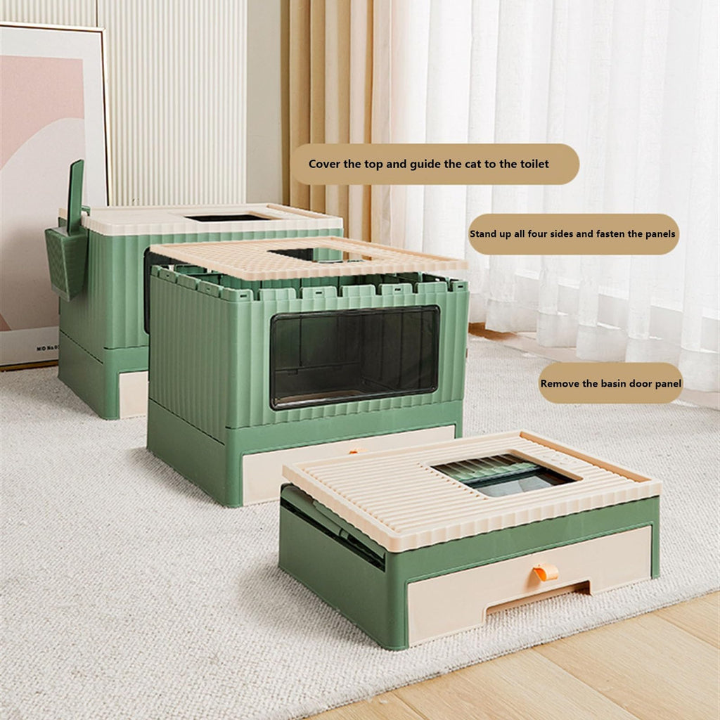 Top Entry Cat Litter Box with Lid Foldable Drawer Type Green A529923