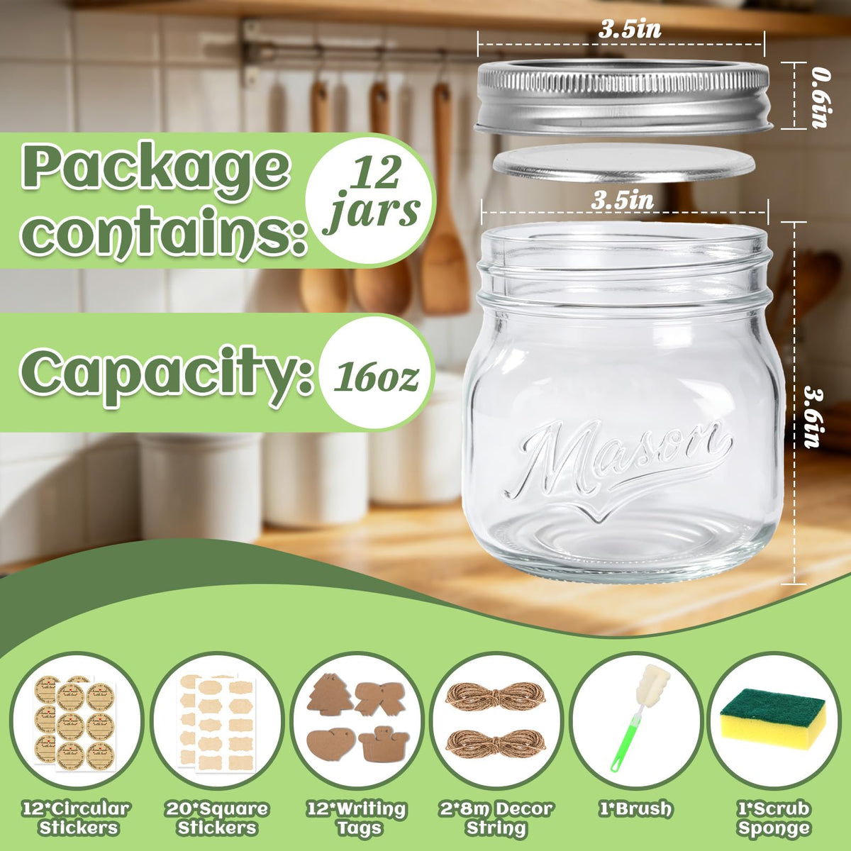 16 oz 12 Pack Wide Mouth Mason Jars with Lids V92649