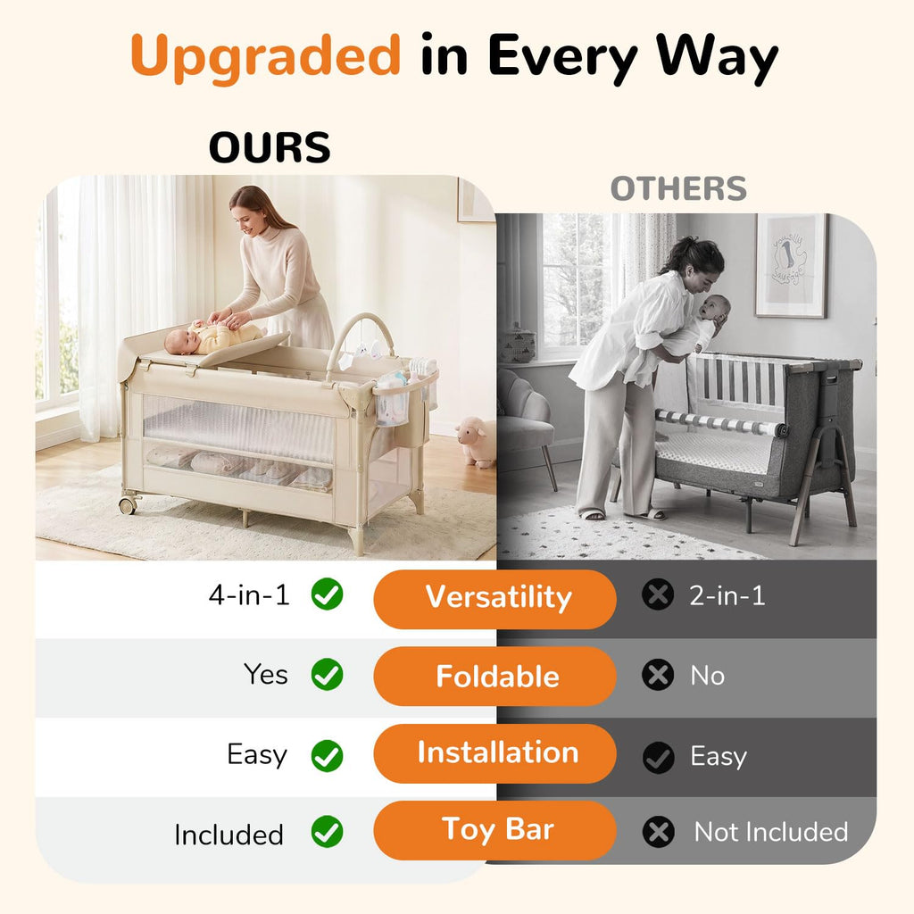 4 in 1 Foldable Pack and Play with Bassinet and Changing Table, Beige V8363