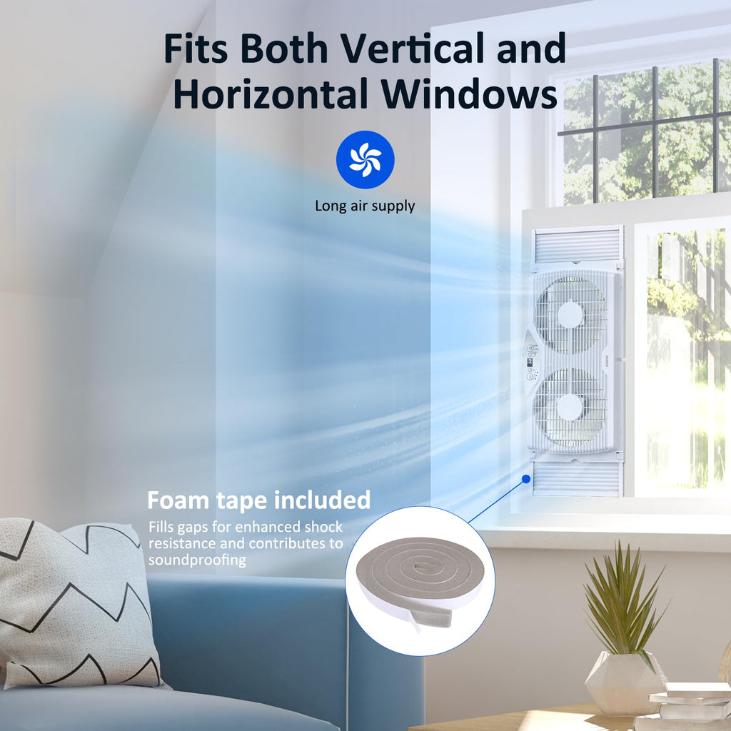 Twin Window Fan, 9-Inch Blades Reversible Airflow, Thermostat Control, 3 Speeds, 23.5"-37" Expandable Width V193