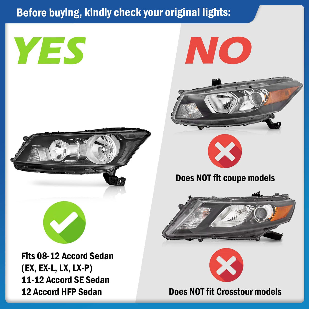 Headlights Assembly for 2008-2012 Honda Accord 4Dr Chrome Housing E149723