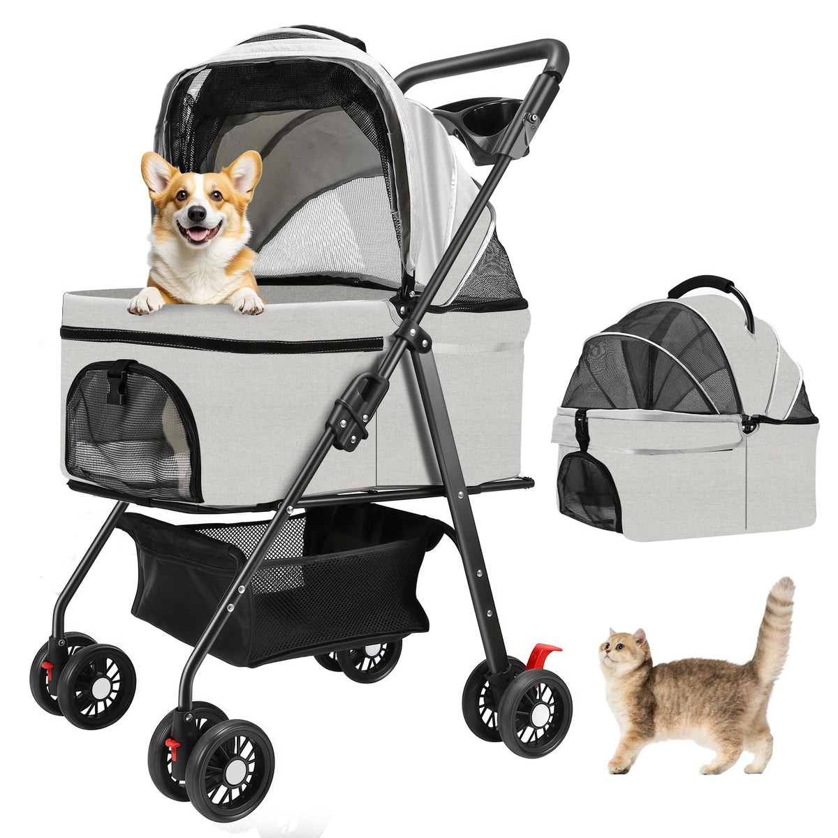 4 Wheels Foldable Pet Stroller with Detachable Carrier M618