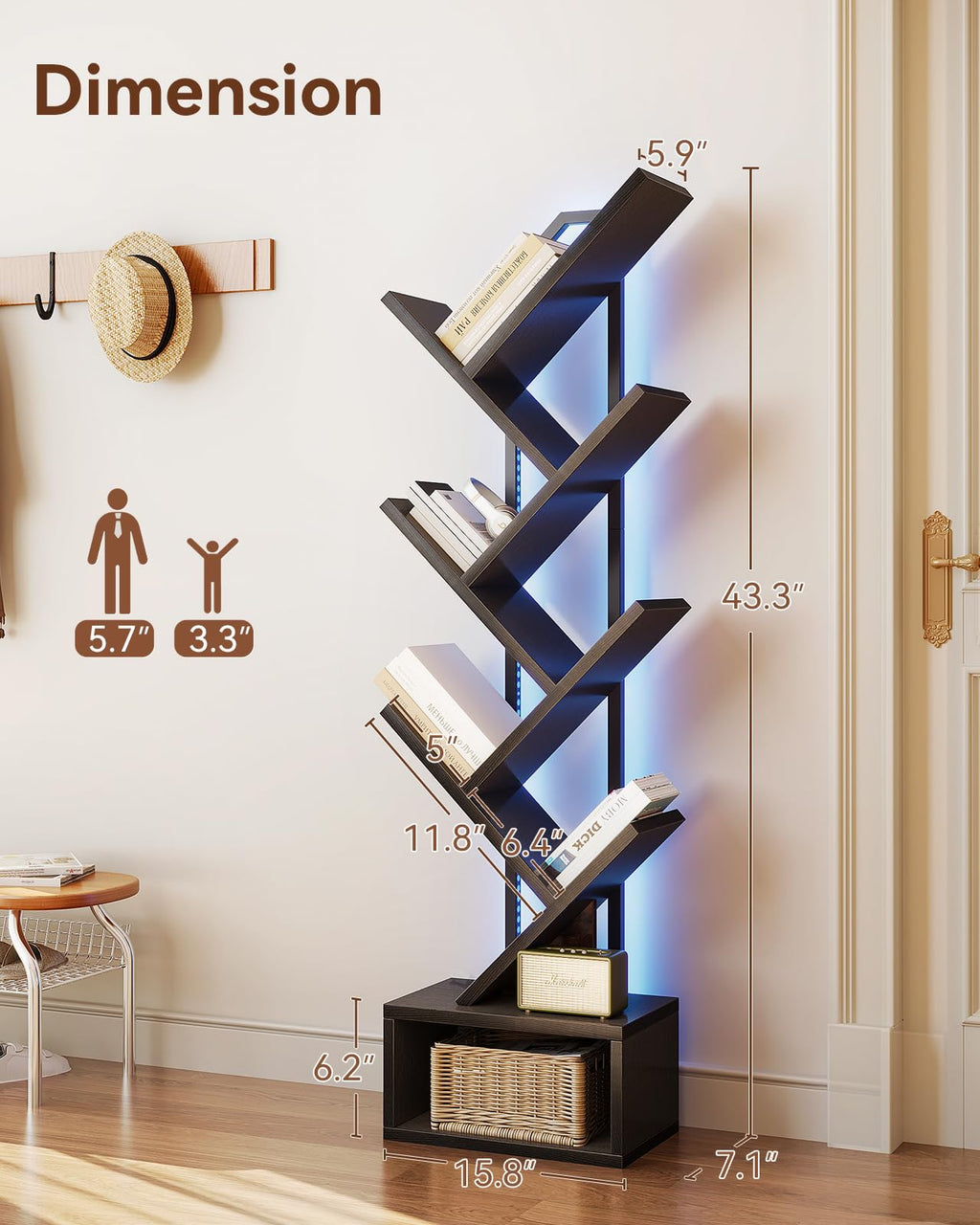 Black 6-Tier Tree Bookshelf with LED Lights L8989