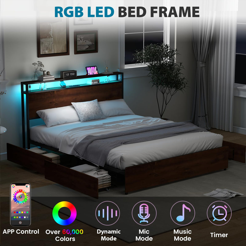 Queen Size Bed Frame with 4 Storage Drawers J364