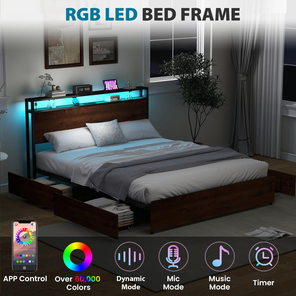 Queen Size Bed Frame with 4 Storage Drawers J364