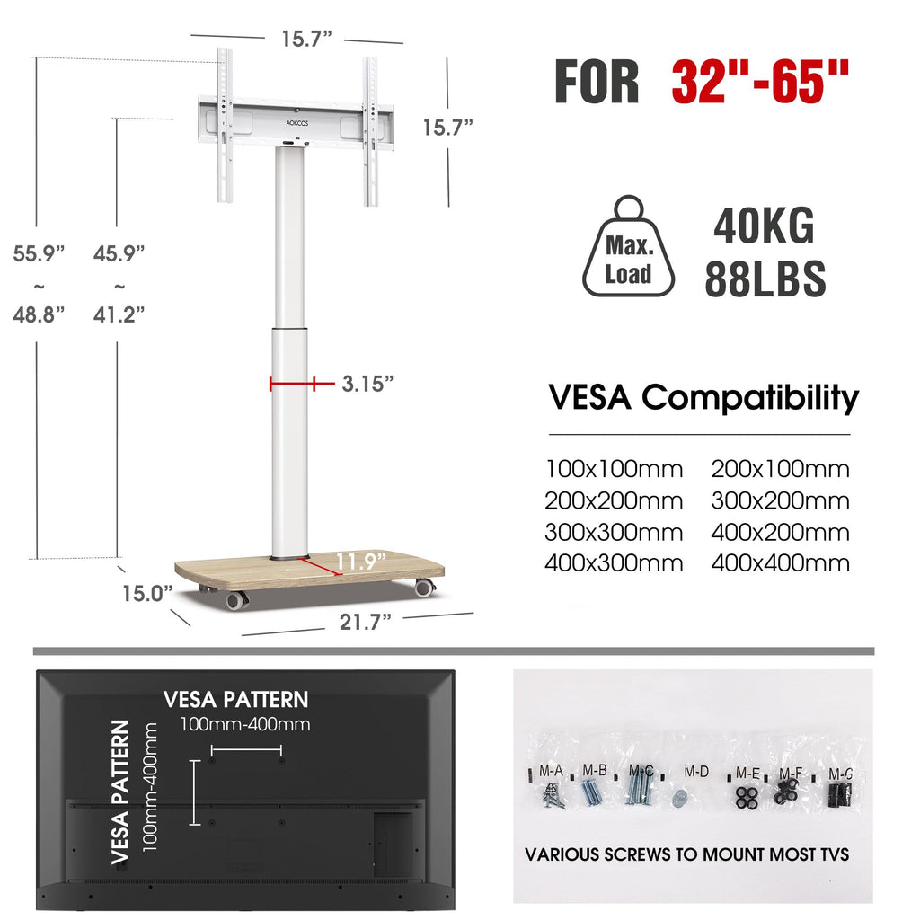 Rolling TV Stand for 32-65 Inch TVs, Height Adjustable with Swivel & Tilt Mount W653293