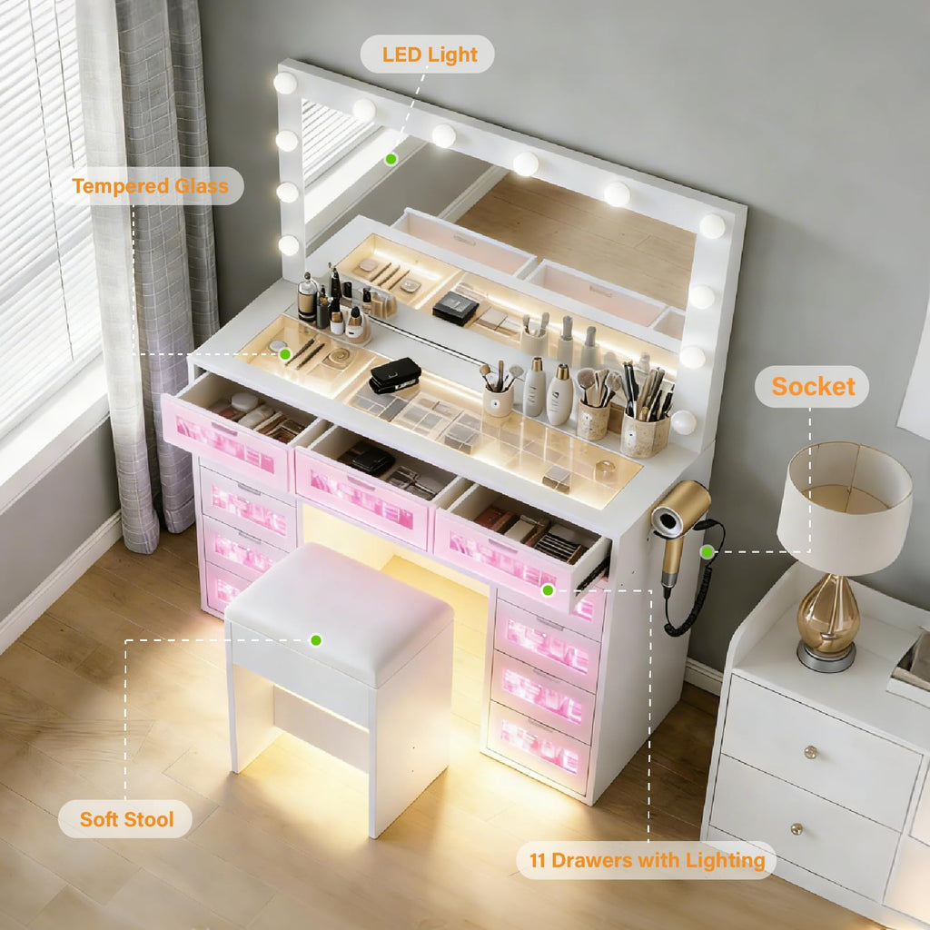 White Vanity Desk with Illuminated Mirror and Power Outlet D981