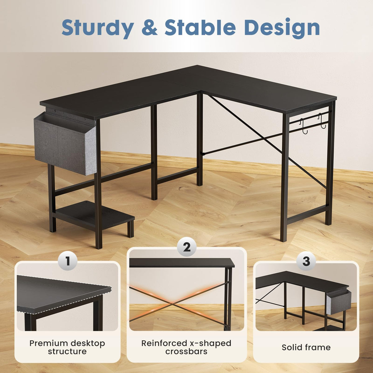 L Shaped Computer Corner Desk with PC Stand, Black P70456