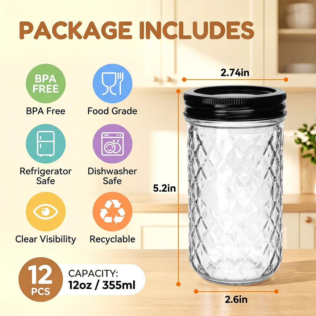 12 oz Mason Jars 12 Pack Regular Mouth Canning Jars with Black Lids E7160