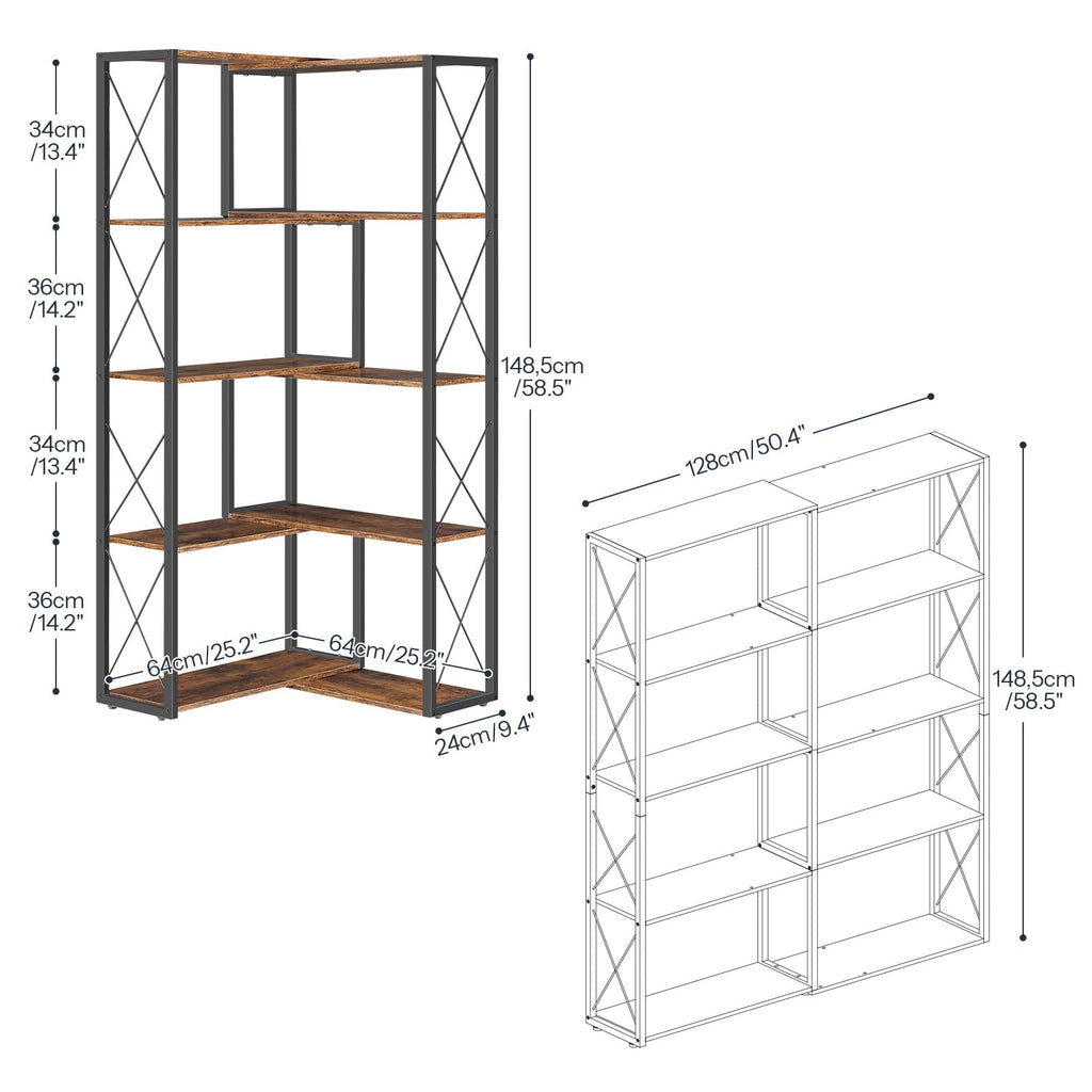 5-Tier Rustic Brown and Black Corner Bookshelf Z7917