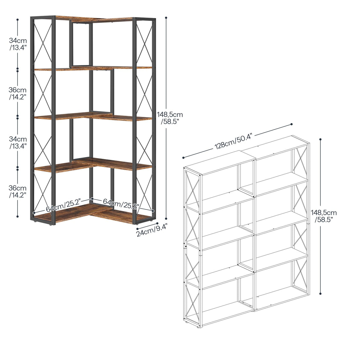 5-Tier Rustic Brown and Black Corner Bookshelf Z7917
