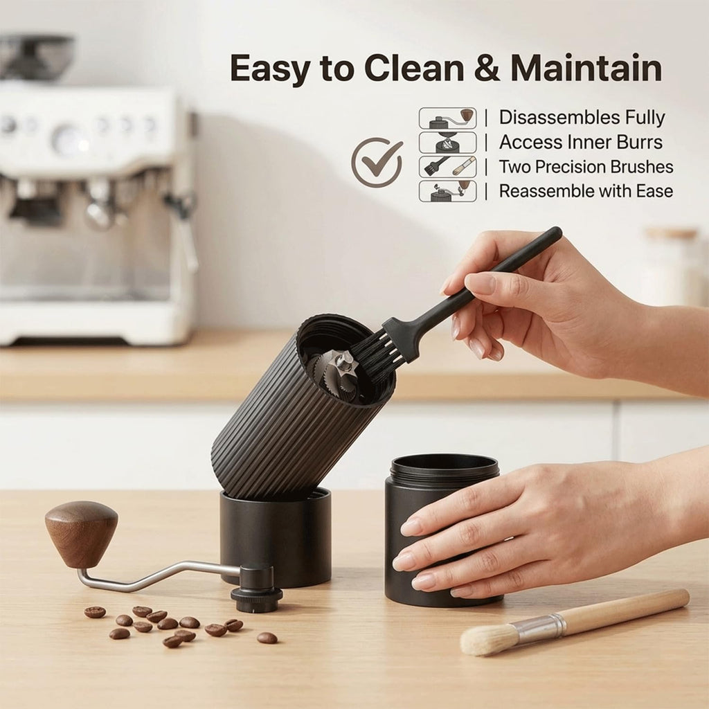 Manual Coffee Grinder with Strainer & Brush, Adjustable Stainless Steel Burr, 30g Hand Crank Coffee Mill, Aluminum Body & Walnut Handle L59520