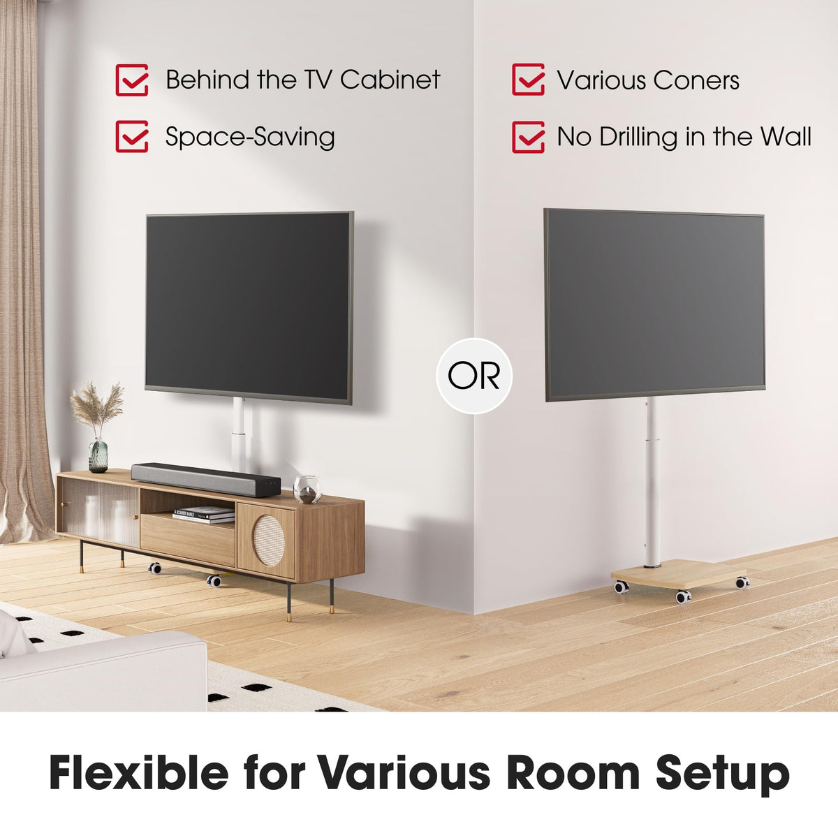 Rolling TV Stand for 32-65 Inch TVs, Height Adjustable with Swivel & Tilt Mount W653293